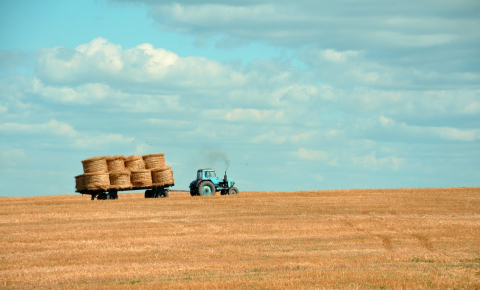 a tractor pulls hay through a golden field